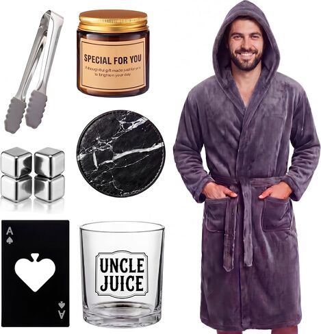 Twistover 10 Pcs Papa Gift for Men, Best Dad Gift Set for Father's Day Grandpa Papa, Luxury Birthday Basket Set with Hooded Bathrobe, Whiskey Glass & Stones, Scented Candle, Men's Spa Kit in Kuwait