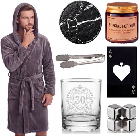 Twistover 10 Pcs Papa Gift for Men, Best Dad Gift Set for Father's Day Grandpa Papa, Luxury Birthday Basket Set with Hooded Bathrobe, Whiskey Glass & Stones, Scented Candle, Men's Spa Kit in Kuwait