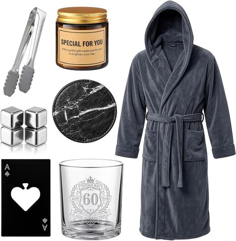 Twistover 10 Pcs Papa Gift for Men, Best Dad Gift Set for Father's Day Grandpa Papa, Luxury Birthday Basket Set with Hooded Bathrobe, Whiskey Glass & Stones, Scented Candle, Men's Spa Kit in Kuwait