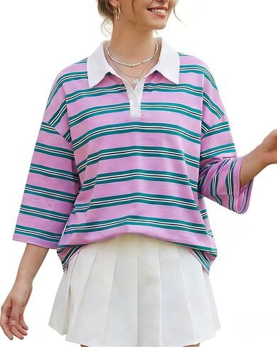Women's Striped Polo t-Shirt Summer Oversized Contrast Short Sleeve Half Button-up Pullover Tops Loose Basic Tees in Saudi Arabia
