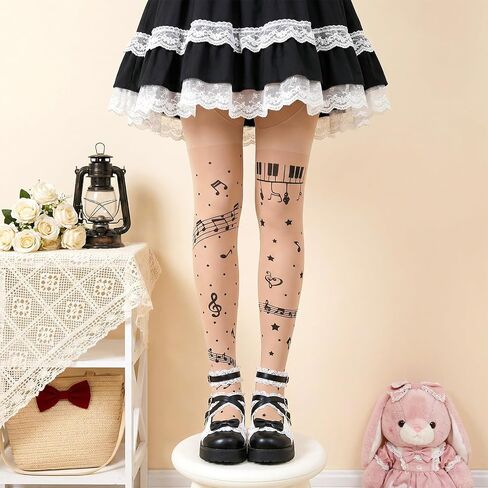 Styquenzer Music Note Tights نمط الجوارب للنساء عالية الخصر الفخذ العليا جوارب ضغط جوارب طويلة للنساء جوارب لوليتا رقيقة طويلة جورب هدايا منتج الموسيقى in Kuwait
