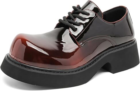 Men’s Gradient Patent Leather Chunky Platform Oxfords Big Round Toed Chunky Heel Non Slip Derby Shoes Fashion Casual Lace Up Dress Shoes for Business Formal Office in Kuwait