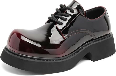 Men’s Gradient Patent Leather Chunky Platform Oxfords Big Round Toed Chunky Heel Non Slip Derby Shoes Fashion Casual Lace Up Dress Shoes for Business Formal Office in Saudi Arabia