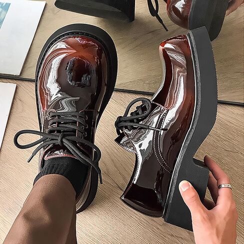 Men’s Gradient Patent Leather Chunky Platform Oxfords Big Round Toed Chunky Heel Non Slip Derby Shoes Fashion Casual Lace Up Dress Shoes for Business Formal Office in Kuwait