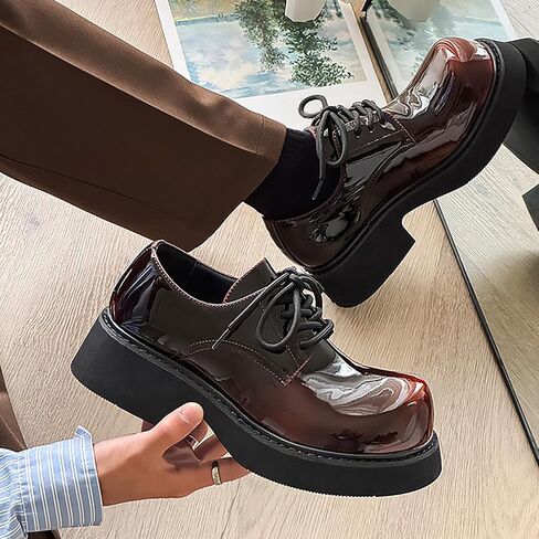 Men’s Gradient Patent Leather Chunky Platform Oxfords Big Round Toed Chunky Heel Non Slip Derby Shoes Fashion Casual Lace Up Dress Shoes for Business Formal Office in Kuwait