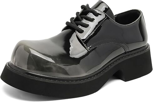 Men’s Gradient Patent Leather Chunky Platform Oxfords Big Round Toed Chunky Heel Non Slip Derby Shoes Fashion Casual Lace Up Dress Shoes for Business Formal Office in Kuwait