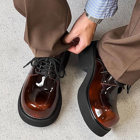 Men’s Gradient Patent Leather Chunky Platform Oxfords Big Round Toed Chunky Heel Non Slip Derby Shoes Fashion Casual Lace Up Dress Shoes for Business Formal Office in Kuwait