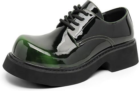 Men’s Gradient Patent Leather Chunky Platform Oxfords Big Round Toed Chunky Heel Non Slip Derby Shoes Fashion Casual Lace Up Dress Shoes for Business Formal Office in Kuwait
