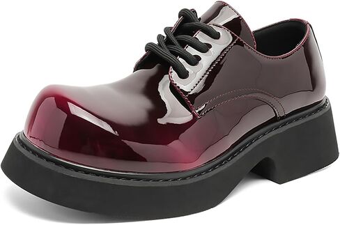 Men’s Gradient Patent Leather Chunky Platform Oxfords Big Round Toed Chunky Heel Non Slip Derby Shoes Fashion Casual Lace Up Dress Shoes for Business Formal Office in Kuwait