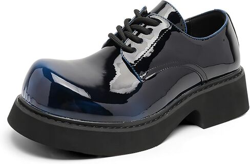 Men’s Gradient Patent Leather Chunky Platform Oxfords Big Round Toed Chunky Heel Non Slip Derby Shoes Fashion Casual Lace Up Dress Shoes for Business Formal Office in Kuwait
