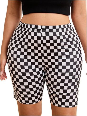 WDIRARA Women's Plus Size Checkered High Waisted Biker Shorts V Cross Tummy Control Workout Shorts in Saudi Arabia
