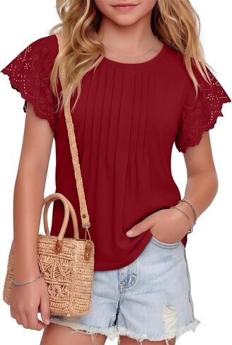 Girls Blouses Dressy Tops Ruffle Sleeve Pleated Summer Loose Fit Tunic Eyelet Shirts Casual Cute Tee 5-14 Years in Kuwait