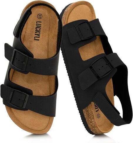 LUCKYLI Toddler Kids Sandals Boys Girls Cork Footbed Sandal Comfort Double Buckle Slip On Open-toe Slides with Adjustable Back Strap in Kuwait