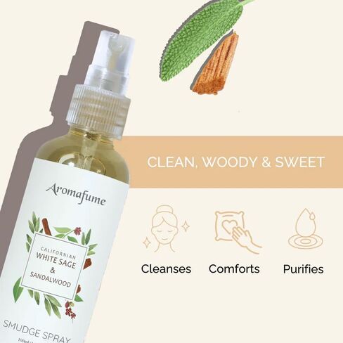 White Sage & Sandalwood Smudge Spray by Aromafume | 100ml/3.3 oz | Sage Spray for Cleansing Negative Energy & Protection | Non-Toxic | Room Spray for Spiritual Cleansing, Smokeless Sage Smudging in Kuwait