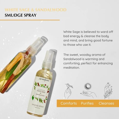 White Sage & Sandalwood Smudge Spray by Aromafume | 100ml/3.3 oz | Sage Spray for Cleansing Negative Energy & Protection | Non-Toxic | Room Spray for Spiritual Cleansing, Smokeless Sage Smudging in Kuwait
