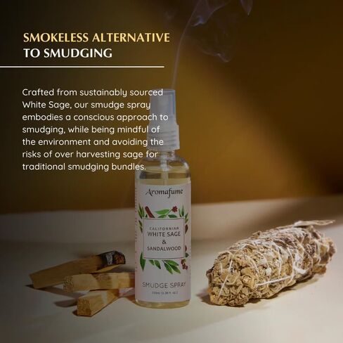 White Sage & Sandalwood Smudge Spray by Aromafume | 100ml/3.3 oz | Sage Spray for Cleansing Negative Energy & Protection | Non-Toxic | Room Spray for Spiritual Cleansing, Smokeless Sage Smudging in Kuwait