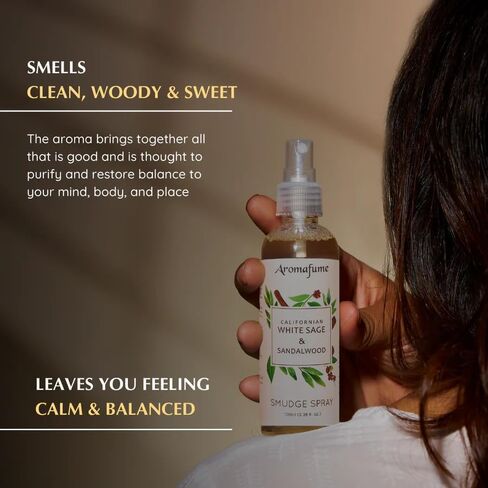 White Sage & Sandalwood Smudge Spray by Aromafume | 100ml/3.3 oz | Sage Spray for Cleansing Negative Energy & Protection | Non-Toxic | Room Spray for Spiritual Cleansing, Smokeless Sage Smudging in Kuwait