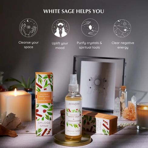White Sage & Sandalwood Smudge Spray by Aromafume | 100ml/3.3 oz | Sage Spray for Cleansing Negative Energy & Protection | Non-Toxic | Room Spray for Spiritual Cleansing, Smokeless Sage Smudging in Kuwait