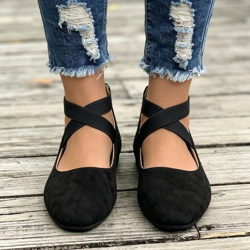 Women's Crisscross Strap Ballet Flats, Black Elastic Strap Slip-On Flats, Casual Comfortable Flat Shoes for Daily Wear in Kuwait