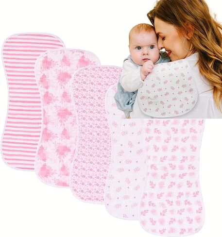 5 Pack Baby Burp Cloths, Unisex Newborn Burping Cloths, Soft and Absorbent Muslin Cotton, Large Size for Newborn, (Pink-fy) in Kuwait