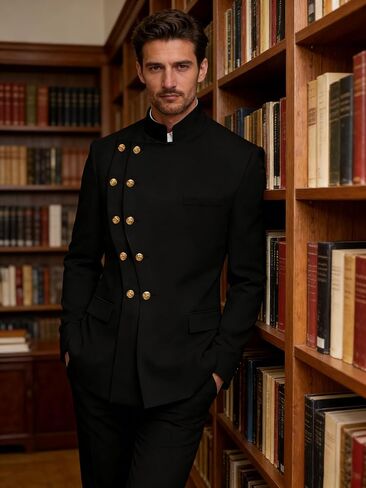 2 Piece Mens Double Breasted Suit Chinese Tunic Suits Mandarin Collar Suit for Men Slim Fit Blazer Pant Tuxedo for Men in Kuwait