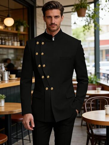 2 Piece Mens Double Breasted Suit Chinese Tunic Suits Mandarin Collar Suit for Men Slim Fit Blazer Pant Tuxedo for Men in Kuwait