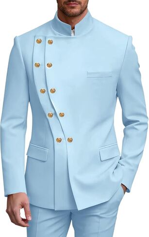 2 Piece Mens Double Breasted Suit Chinese Tunic Suits Mandarin Collar Suit for Men Slim Fit Blazer Pant Tuxedo for Men in Kuwait