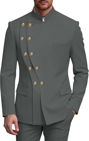 2 Piece Mens Double Breasted Suit Chinese Tunic Suits Mandarin Collar Suit for Men Slim Fit Blazer Pant Tuxedo for Men in Kuwait