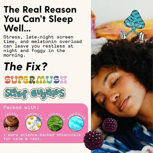 SuperMush Daily Sleep Gummies for Adults - Functional Mushroom Gummies with Magnesium, L-Theanine, Chaga, Reishi, Chamomile - Melatonin Free Sleep Aid for Deep Sleep - Vegan & Sugar-Free (10 Count) in Saudi Arabia