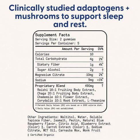 SuperMush Daily Sleep Gummies for Adults - Functional Mushroom Gummies with Magnesium, L-Theanine, Chaga, Reishi, Chamomile - Melatonin Free Sleep Aid for Deep Sleep - Vegan & Sugar-Free (10 Count) in Saudi Arabia