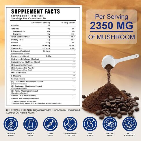 Mushroom Coffee, Organic Instant Coffee with Lion’s Mane, Reishi, Cordyceps, Collagen, β-Glucan (Prebiotic) for Focus, Energy, Immune and Gut Health Support, 30 Servings in Saudi Arabia