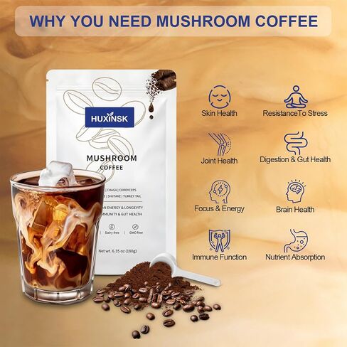 Mushroom Coffee, Organic Instant Coffee with Lion’s Mane, Reishi, Cordyceps, Collagen, β-Glucan (Prebiotic) for Focus, Energy, Immune and Gut Health Support, 30 Servings in Saudi Arabia