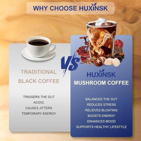Mushroom Coffee, Organic Instant Coffee with Lion’s Mane, Reishi, Cordyceps, Collagen, β-Glucan (Prebiotic) for Focus, Energy, Immune and Gut Health Support, 30 Servings in Saudi Arabia