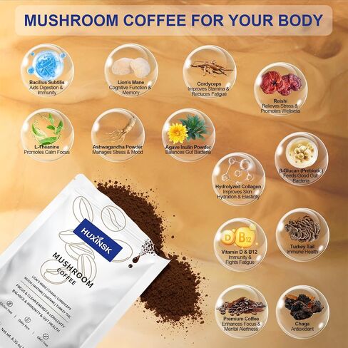 Mushroom Coffee, Organic Instant Coffee with Lion’s Mane, Reishi, Cordyceps, Collagen, β-Glucan (Prebiotic) for Focus, Energy, Immune and Gut Health Support, 30 Servings in Saudi Arabia