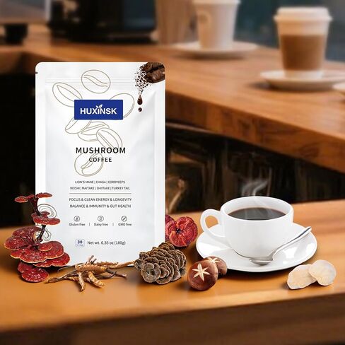 Mushroom Coffee, Organic Instant Coffee with Lion’s Mane, Reishi, Cordyceps, Collagen, β-Glucan (Prebiotic) for Focus, Energy, Immune and Gut Health Support, 30 Servings in Saudi Arabia
