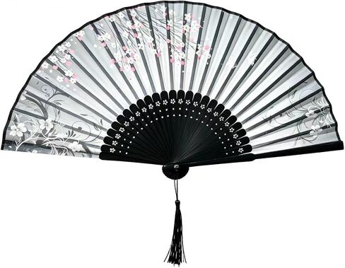 Handheld Fan, Chinese Folding Fan (Unisex), Lacquered Bamboo Ribs, Imitation Silk Handheld Fan. Measures 14.96 × 8.27 inches When Fully Opened. in Kuwait