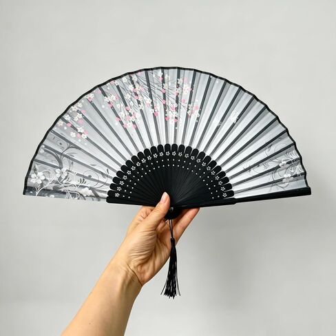 Handheld Fan, Chinese Folding Fan (Unisex), Lacquered Bamboo Ribs, Imitation Silk Handheld Fan. Measures 14.96 × 8.27 inches When Fully Opened. in Kuwait