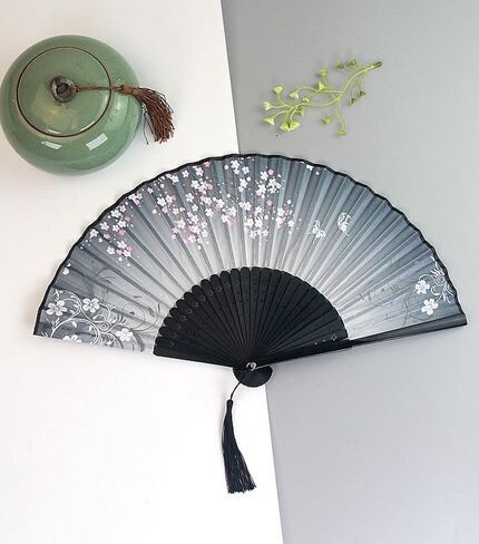 Handheld Fan, Chinese Folding Fan (Unisex), Lacquered Bamboo Ribs, Imitation Silk Handheld Fan. Measures 14.96 × 8.27 inches When Fully Opened. in Kuwait