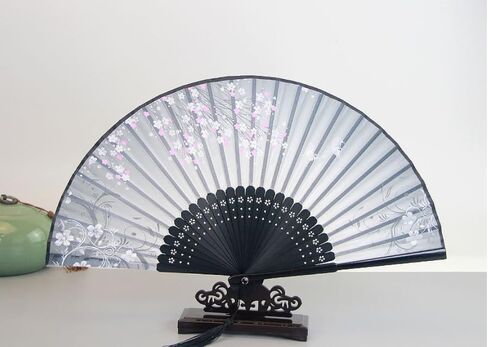 Handheld Fan, Chinese Folding Fan (Unisex), Lacquered Bamboo Ribs, Imitation Silk Handheld Fan. Measures 14.96 × 8.27 inches When Fully Opened. in Kuwait