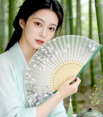 Handheld Fan, Chinese Folding Fan (Unisex), Lacquered Bamboo Ribs, Imitation Silk Handheld Fan. Measures 14.96 × 8.27 inches When Fully Opened. in Kuwait
