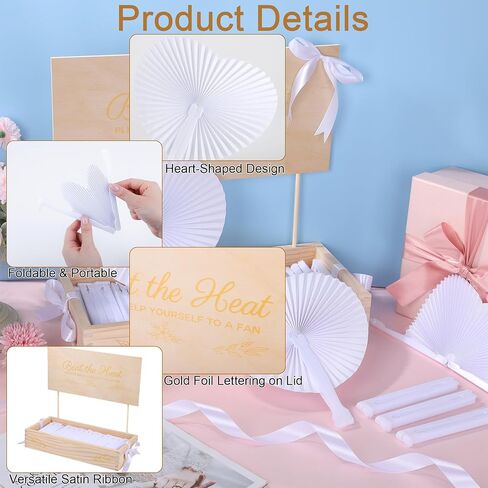 Aodaer مراوح الزفاف الورقية البيضاء على شكل قلب مع صندوق تخزين خشبي 100 مراوح محمولة قابلة للطي وشريط من الساتان لحفلات الزفاف وحفلات الزفاف وحفلات الزفاف والحرف اليدوية وديكورات الأحداث in Kuwait