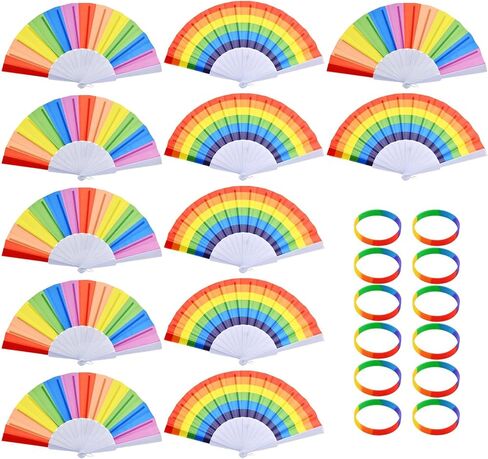 12 Pack Rainbow Folding Fans for Pride Decor, Colorful Gay Lesbian Wedding Decor LGBT Pride Month Parade Accessories Party Favors Stuff Hand Fans with 12 Wristbands for Women Men in Saudi Arabia