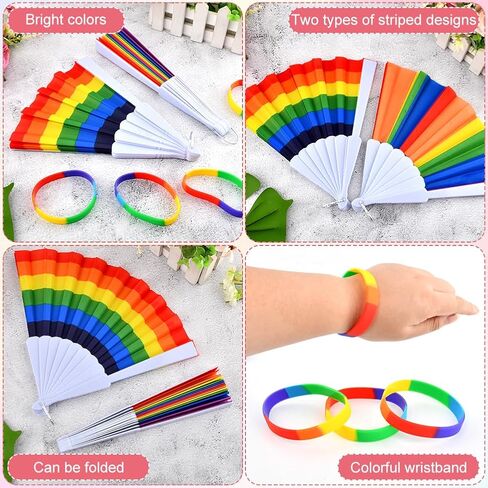 12 Pack Rainbow Folding Fans for Pride Decor, Colorful Gay Lesbian Wedding Decor LGBT Pride Month Parade Accessories Party Favors Stuff Hand Fans with 12 Wristbands for Women Men in Saudi Arabia