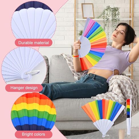 12 Pack Rainbow Folding Fans for Pride Decor, Colorful Gay Lesbian Wedding Decor LGBT Pride Month Parade Accessories Party Favors Stuff Hand Fans with 12 Wristbands for Women Men in Saudi Arabia