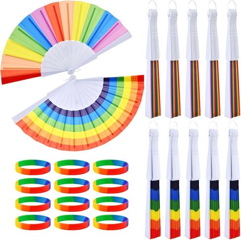 12 Pack Rainbow Folding Fans for Pride Decor, Colorful Gay Lesbian Wedding Decor LGBT Pride Month Parade Accessories Party Favors Stuff Hand Fans with 12 Wristbands for Women Men in Saudi Arabia