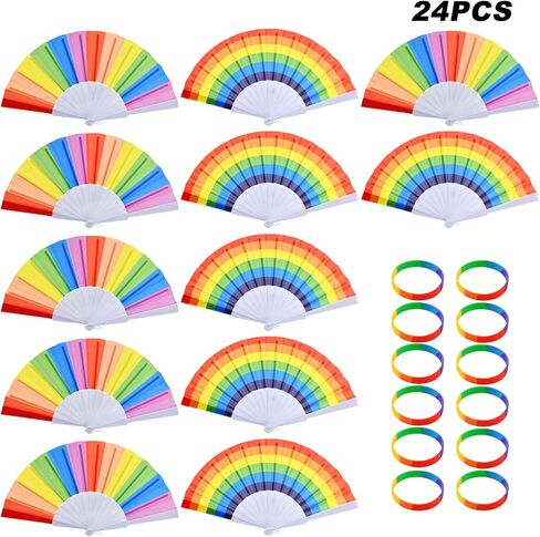 12 Pack Rainbow Folding Fans for Pride Decor, Colorful Gay Lesbian Wedding Decor LGBT Pride Month Parade Accessories Party Favors Stuff Hand Fans with 12 Wristbands for Women Men in Saudi Arabia