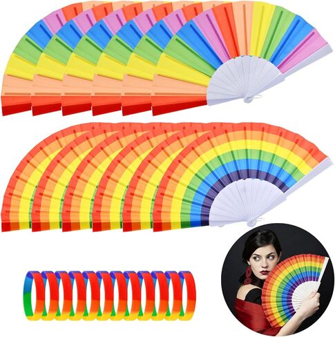 12 Pack Rainbow Folding Fans for Pride Decor, Colorful Gay Lesbian Wedding Decor LGBT Pride Month Parade Accessories Party Favors Stuff Hand Fans with 12 Wristbands for Women Men in Saudi Arabia
