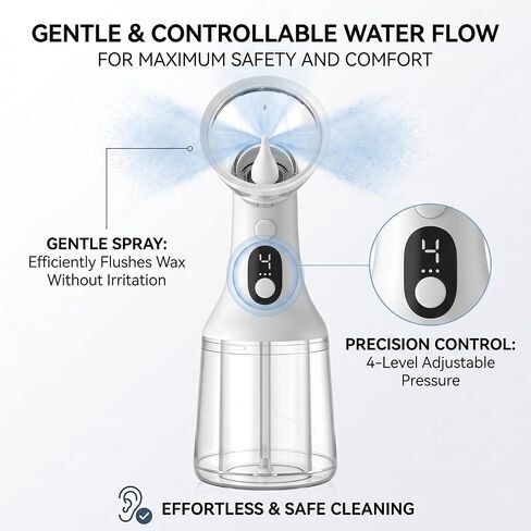 Waxy Ear Cleaner, The Waxy Ear Wax Removal Kit with 4 Pressure Modes & LED Display, Fective & Safe Gentle Ear Cleaner Irrigation Flushing System, USB Rechargeable (White) in Kuwait