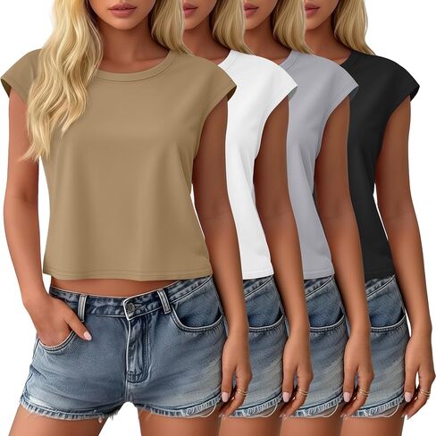 4 Pack Women's Cap Sleeve Shirts Basic Crop Tops Solid Crewneck T-Shirts Loose Fit Tank Summer Casual Tees in Kuwait