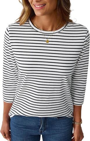 LilyCoco Womens 3/4 Length Sleeve Tops Striped Boatneck Shirt Breton French Cotton Tees in Kuwait
